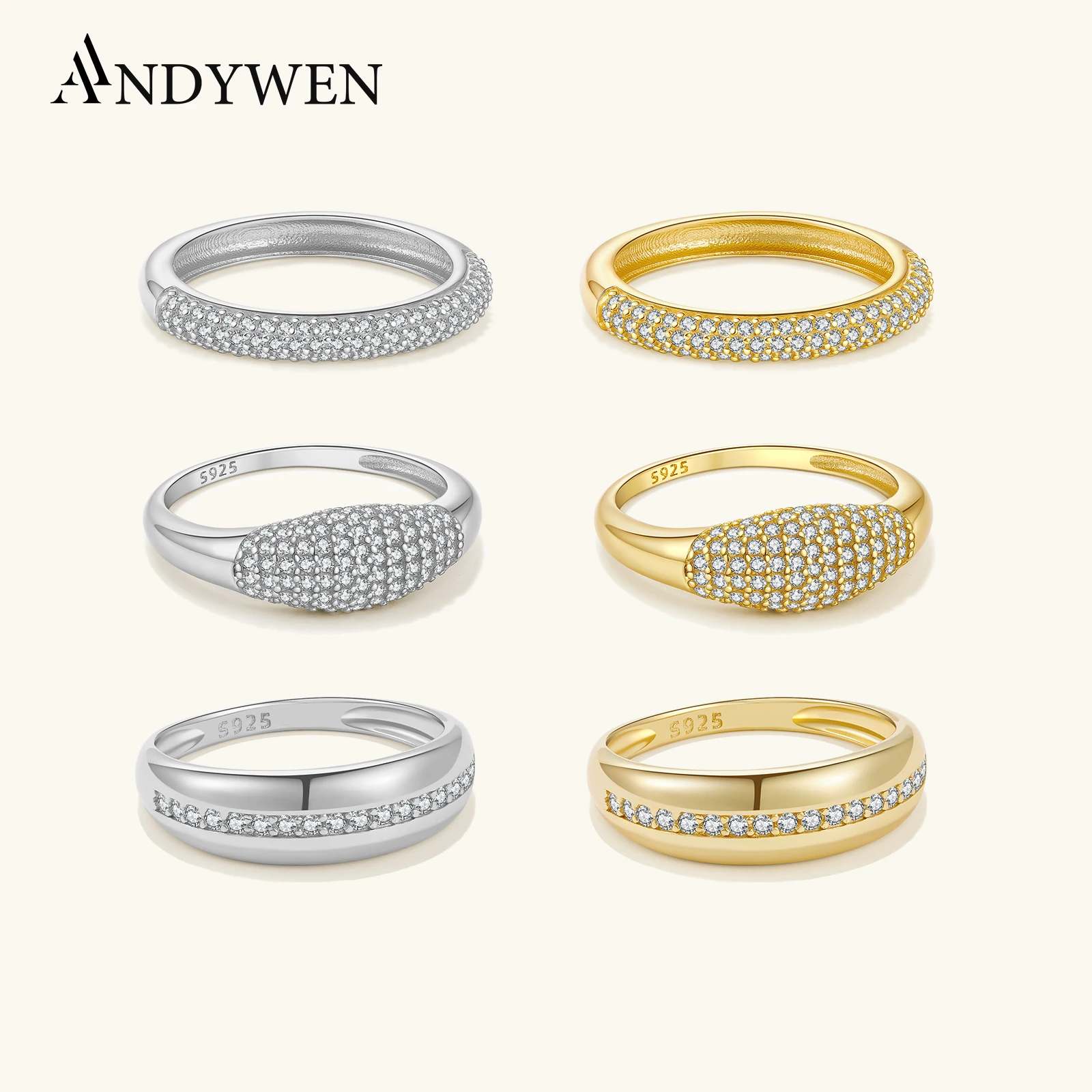 

ANDYWEN, модный комплект колец из стерлингового серебра 925 пробы с цирконом CZ, минималистское обручальное кольцо, модные ювелирные изделия, подарок для нее