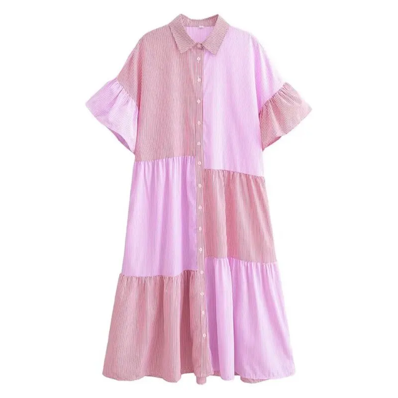 Vestido camisero asimétrico de dos tonos para mujer, vestido informal de verano de manga corta, minivestido holgado a la moda con C