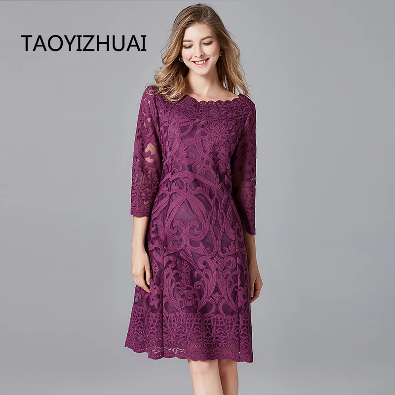 Vintage Christmas Purple Lace Dresses Autumn Winter Fat Lady Temperament Embroidered Hollow Sequins Natural Waist Lace Dress