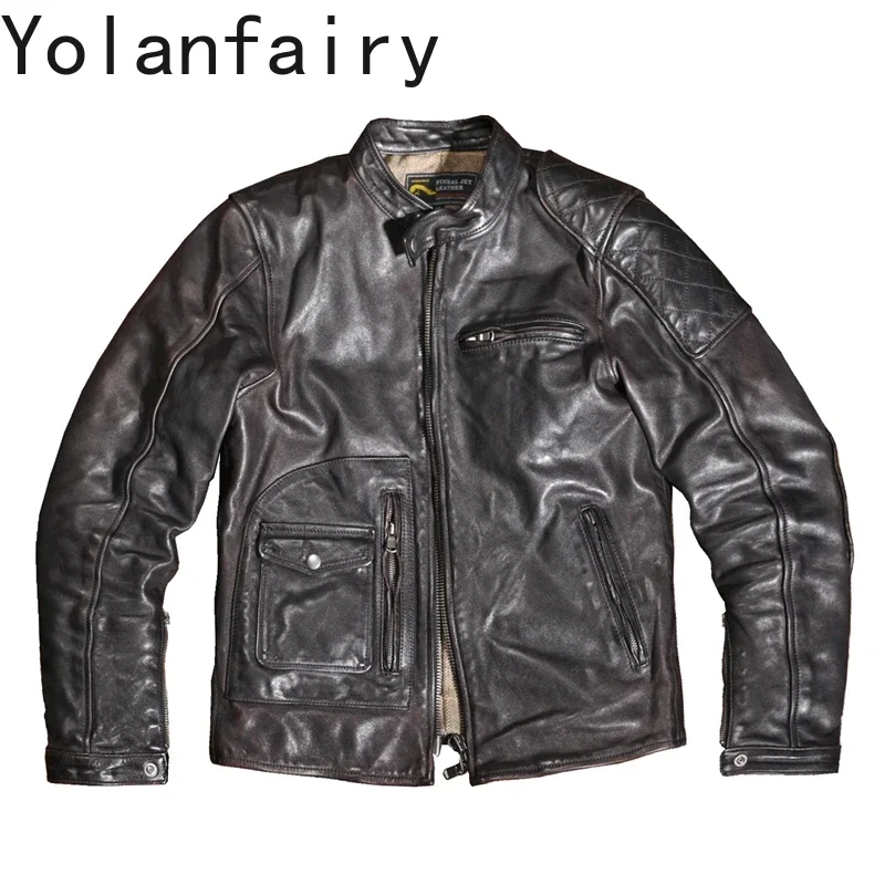 YOLANFAIRY Mens Leather Jacket Genuine Leather Men Vintage Asymmetrical Horseskin Motorcycle Jacket Casual Leather Coat Large