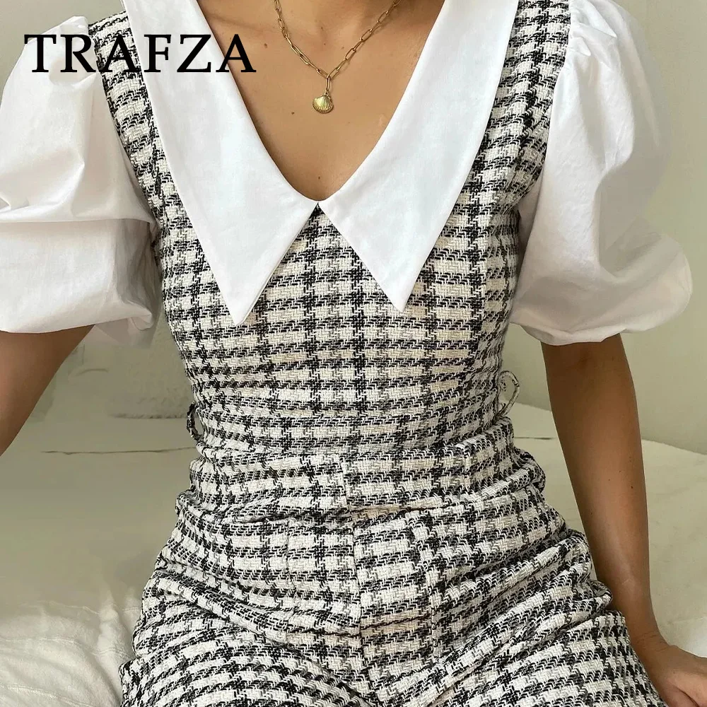 TRAFZA 2024 wiosenne letnie damskie dorywczo modne modne w stylu Vintage w kratę z wysoką talią szczupły Streetwear damskie kombinezony