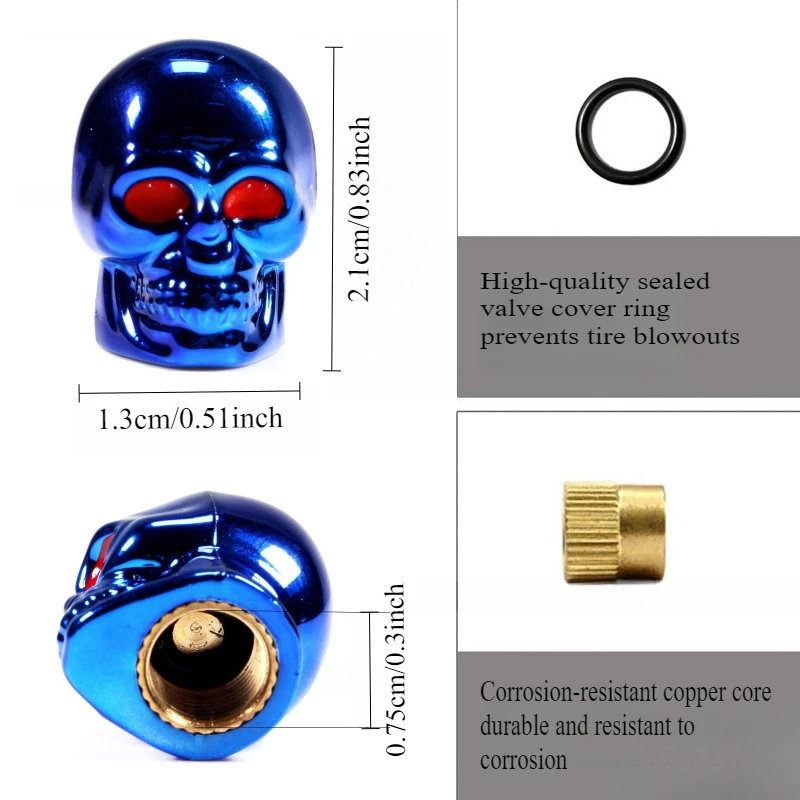 4pcs Skull-Shaped Valve Caps Tire Modification Skull Style Decorative Valve Caps Plastic with Metal Core Valve Cover