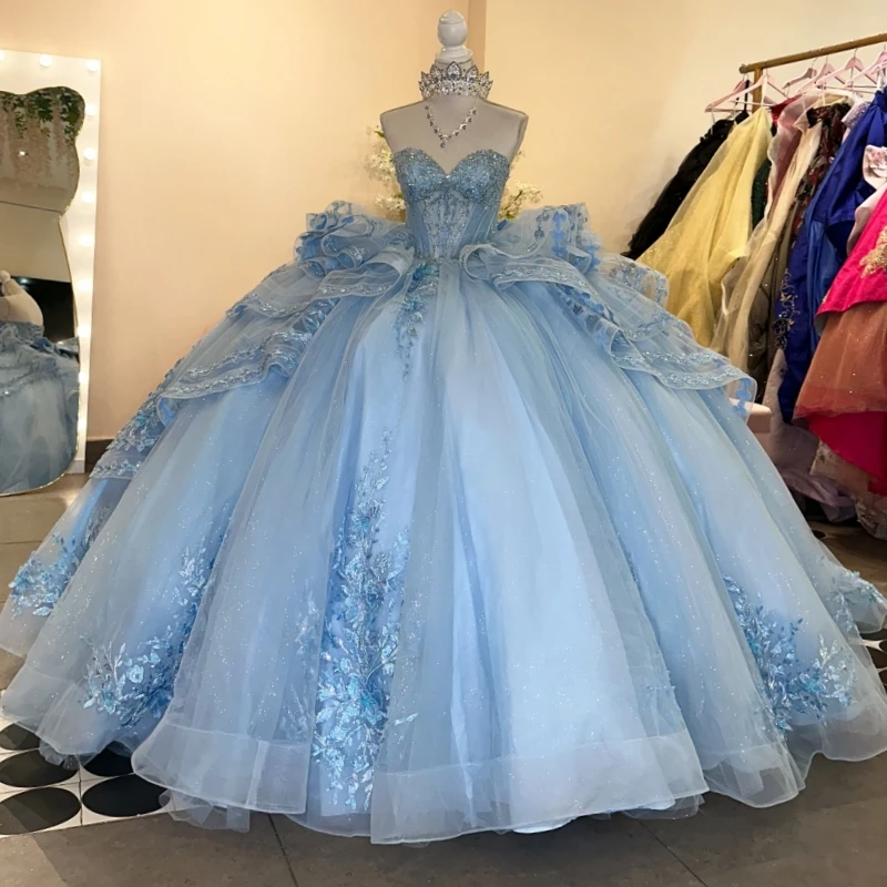 

Небесно-голубое блестящее платье Quinceanera с открытыми плечами и аппликацией из кружева с бусинами и бантом из тюля для вечеринки, дня рождения, бальное платье Vestidos De 15 Anos