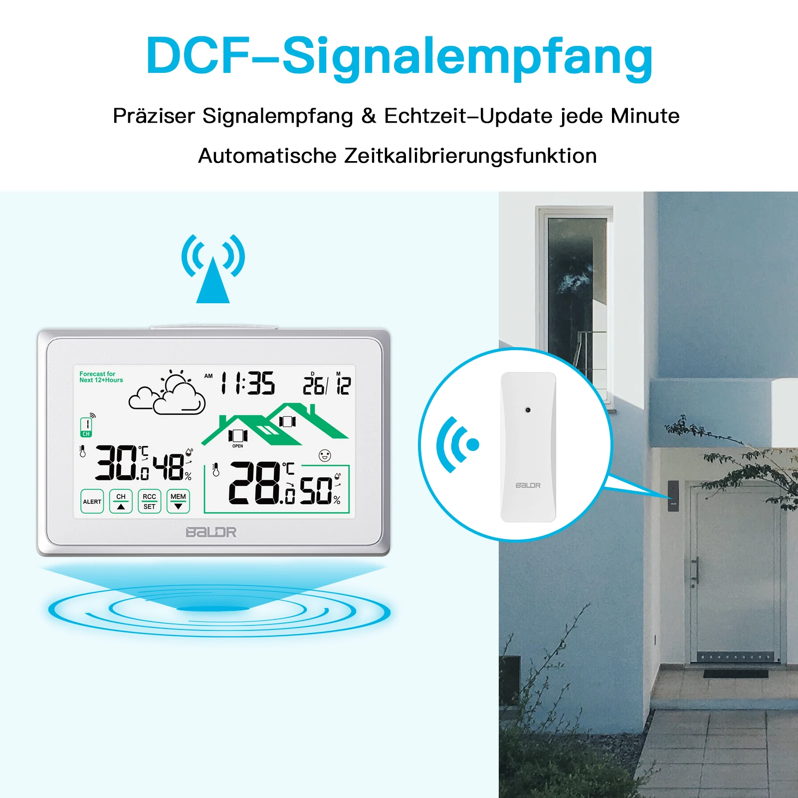 BALDR Drahtlose Wetterstation, digitale DCF-Funkgesteuerte Wanduhr, Innen-/Außenthermometer, Hygrometer, Trendvorhersagesensor