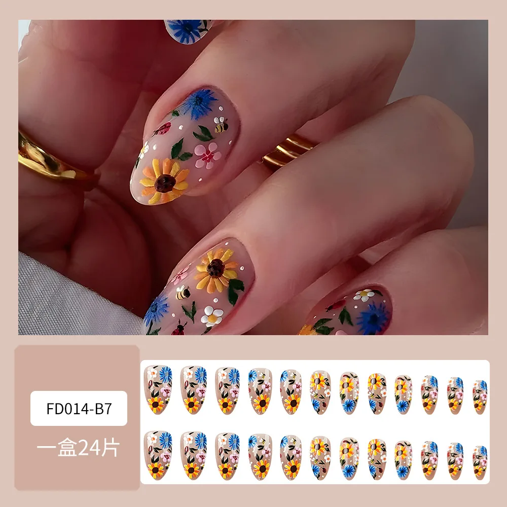 24pcs Garden Style False Nails With Colorful Flower Designs Glossy Almond Press On Nails Full Cover Artificial Autumn Fake Nail