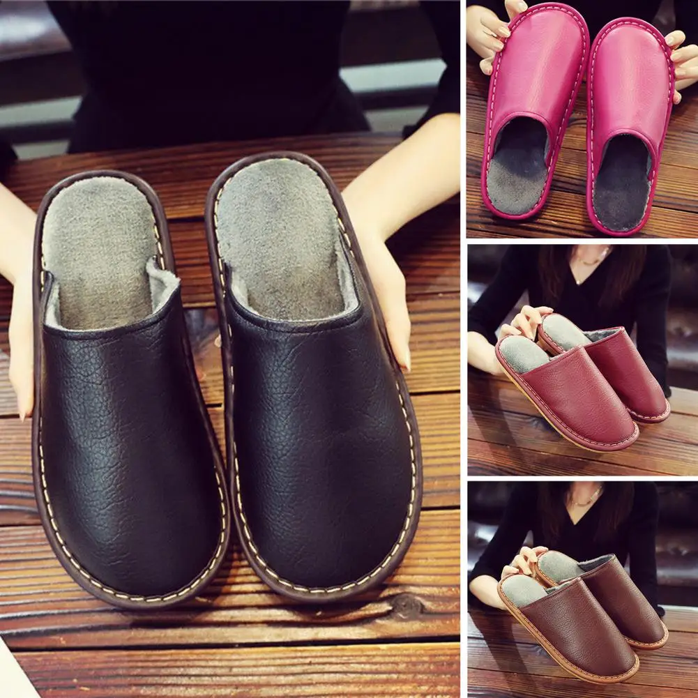 Solid Color Slippers Warm Slippers Cozy Plush Lined Slippers with Waterproof Imitation Leather Cover Anti-slip Winter Shoes