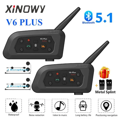 Imagen 1 del producto XINOWY V6 Plus, casco de motocicleta, auriculares Bluetooth, intercomunicador de interfono 1200M, impermeable, 6 pasajeros