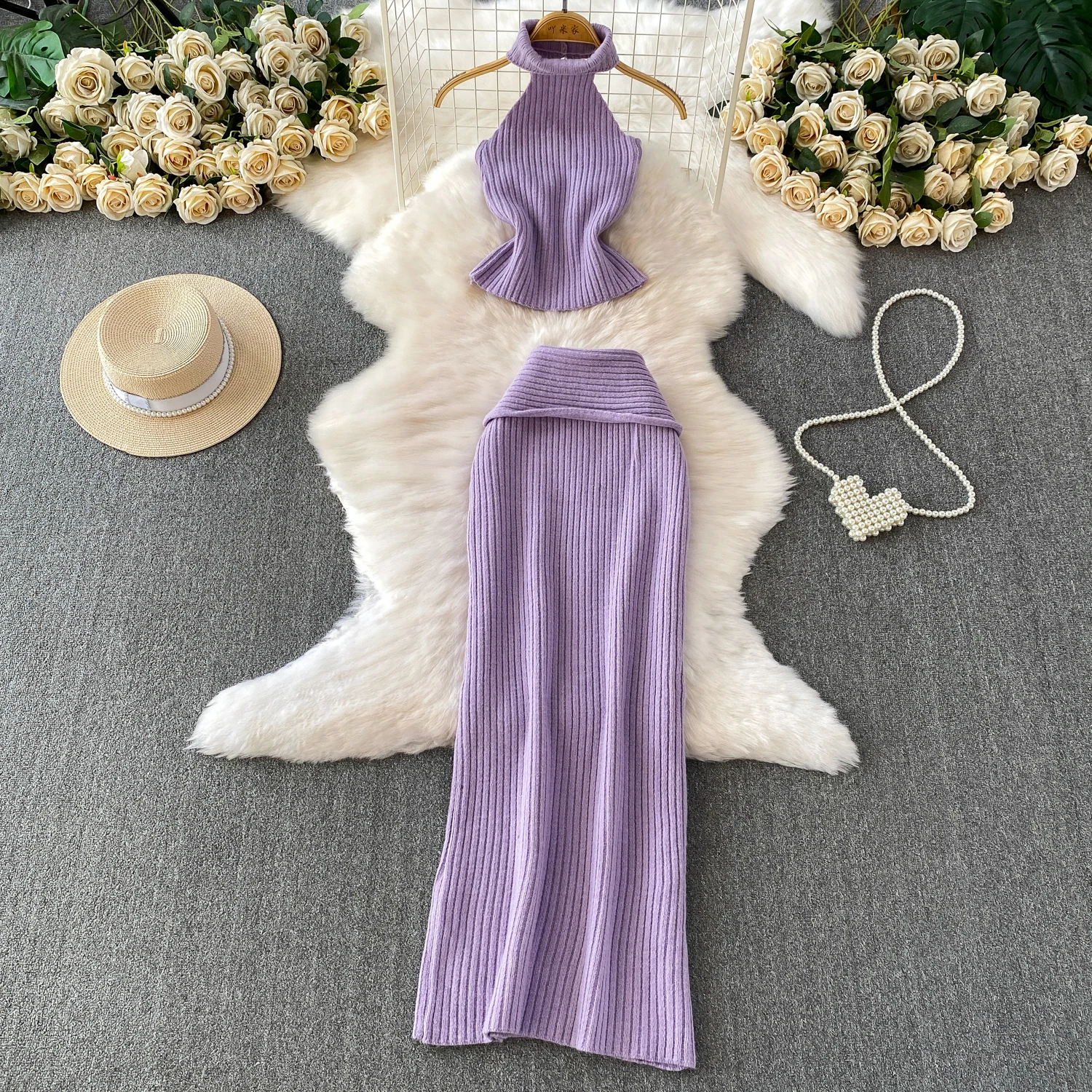 

ALPHALMODA 2025, открытая спина, Холтер, вязаный жилет без рукавов + высокая талия, трикотажная юбка, женские шикарные костюмы из 2 предметов