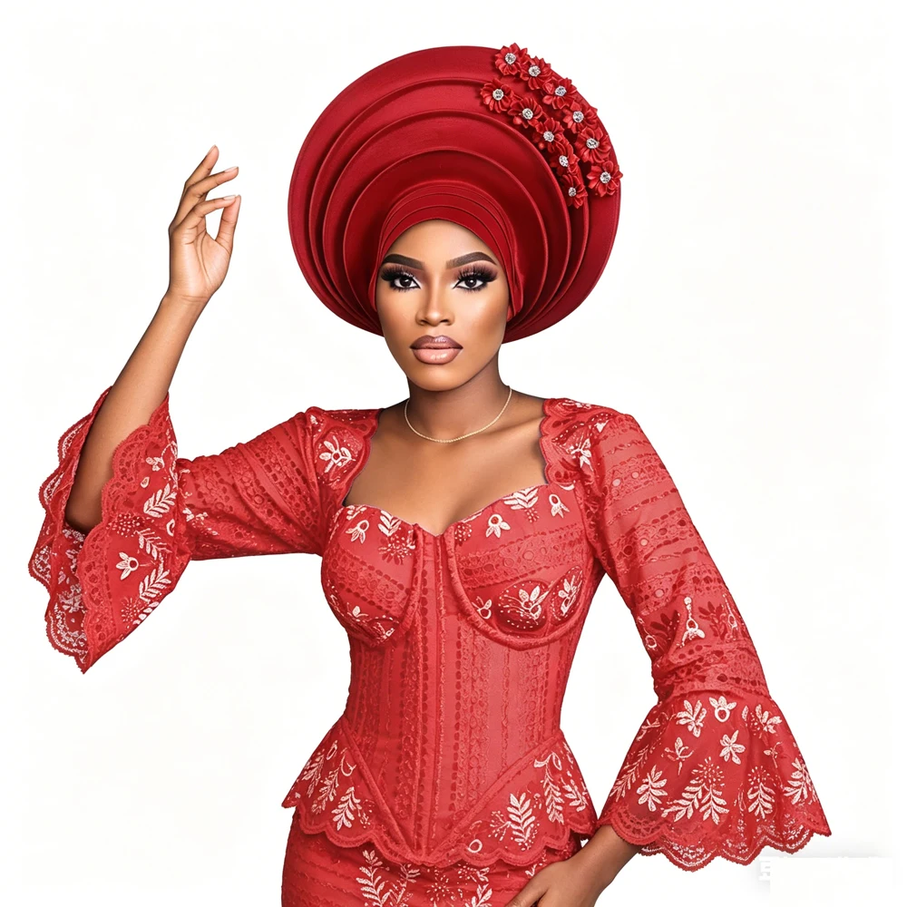 

Already Made Turban Cap African Auto Gele Headties Flower Bead Decor Muslim Hijab Bonnet Head Wrap For Women Wedding Party