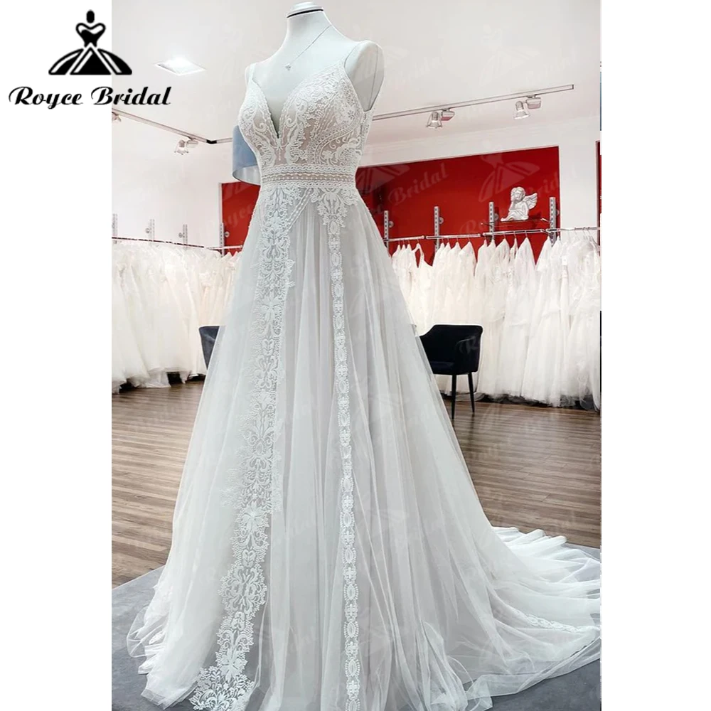 Spaghetti Strap Simply Long A-line Tulle Lace Wedding Dress Open Back Sleeveless Floor-length Appliques Bride Dress Ruffles