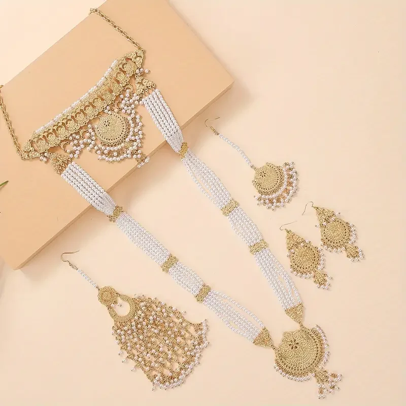 5pcs/Set Luxury  Bollywood Style Hollow Out Metal Handmade Beads Tassels Headwear+Dangle Earrings+Necklace，Jewelry Set For Women
