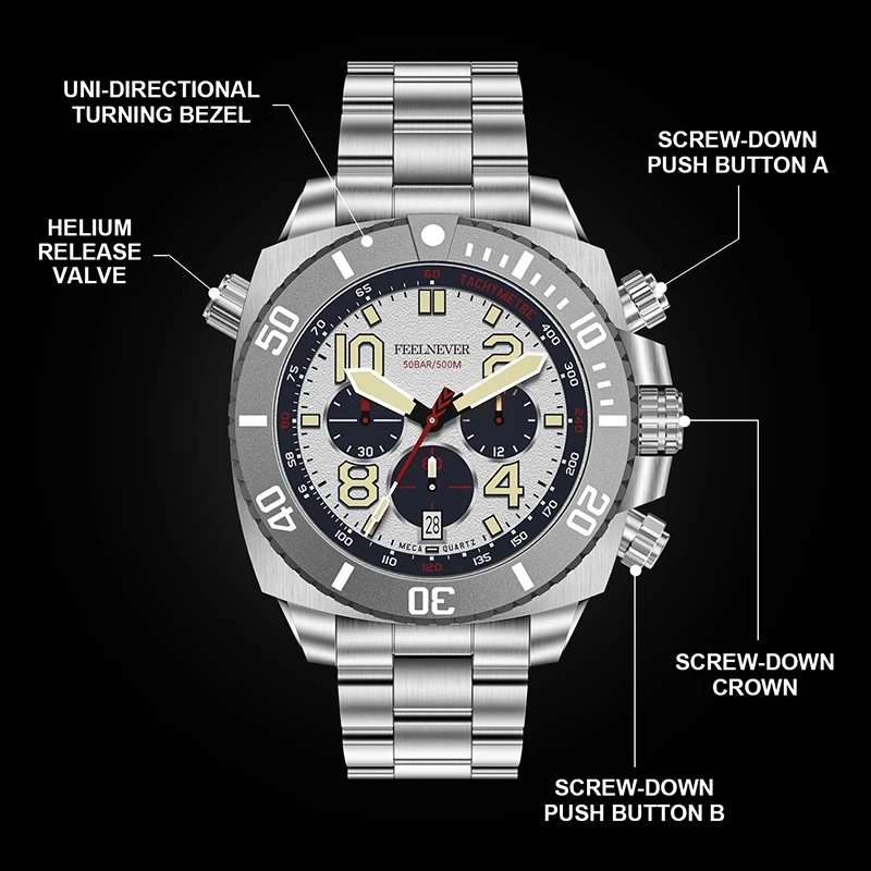 FEELNEVER ساعة رجالي فاخرة LIGE المهنية غواص كوارتز ساعات المعصم 500 متر مقاوم للماء مضيئة متعددة الوظائف ساعات الرجال