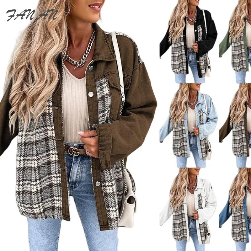 

New Autumn Winter Hot Selling Women's Denim Jacket Long Sleeved Checkered Button Down Shirt Jacket Top Casual Commuting Jacket