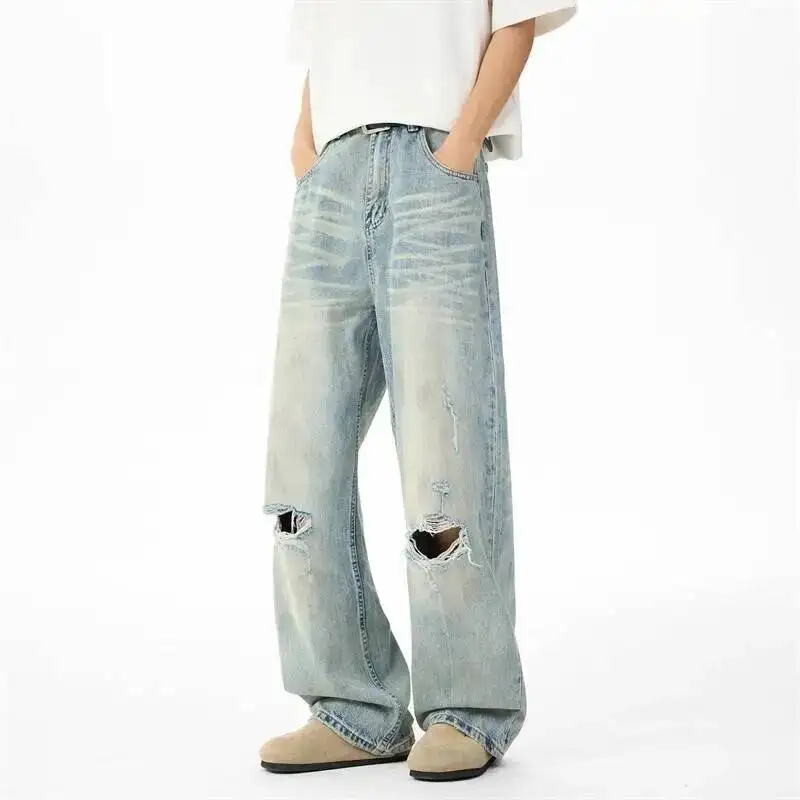 Vintage Light Blue Men's Baggy Jeans American Casual Single Knee Distressed Washed Streetwear Denim Long Pants MBOI