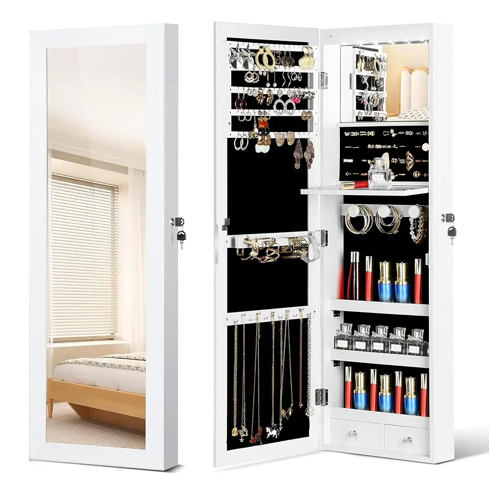 Mirror Jewelry Cabinet, Wall/Door Mounted Jewelry Armoire with Full-Length Mirror, Hanging Jewelry Organizer with LED Interio