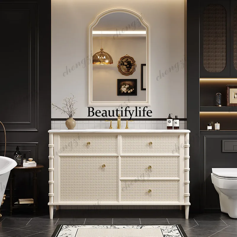 French bathroom cabinet ceramic integrated basin floor-to-ceiling, small apartment washing table combination