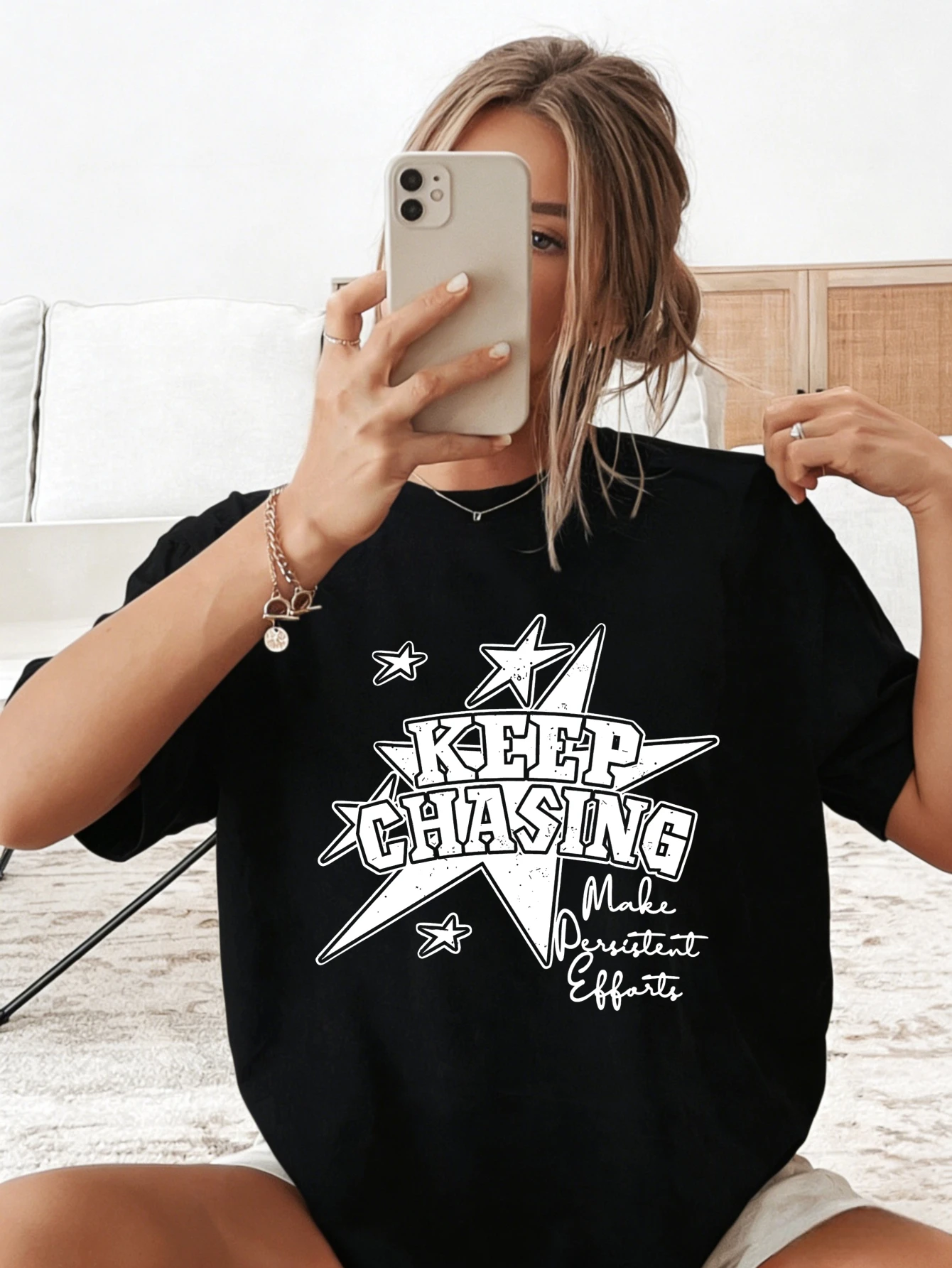 

Женские футболки Keep Chasing Star с графическим принтом, хлопковые, оверсайз, в стиле стритвир, летние, повседневные, с коротким рукавом