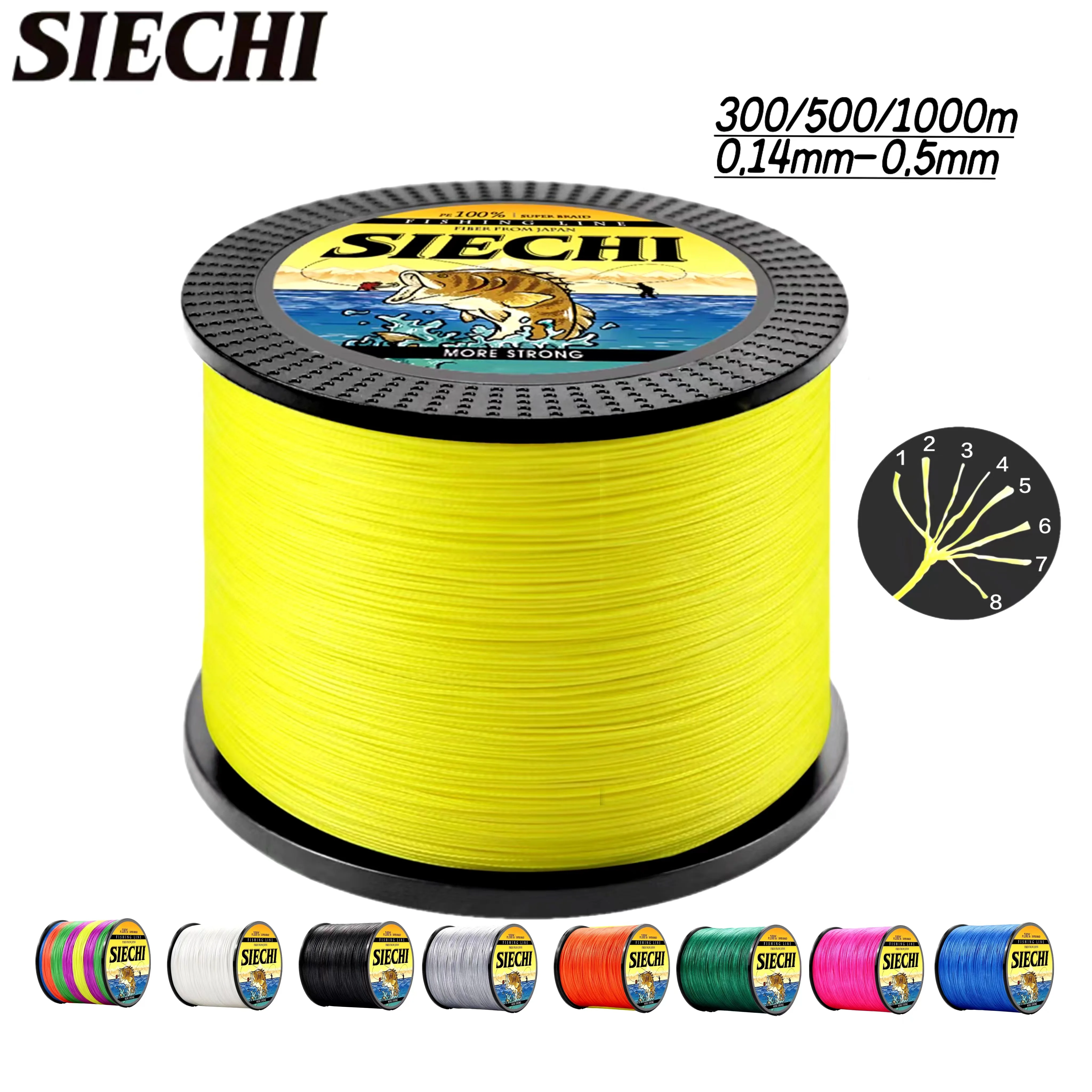 SIECHI X8 300M 500M 1000M Braided Fishing Line 8 Strands MultiColor Multifilament Saltwater PE Line 20 30 40 50 60 72 88LB