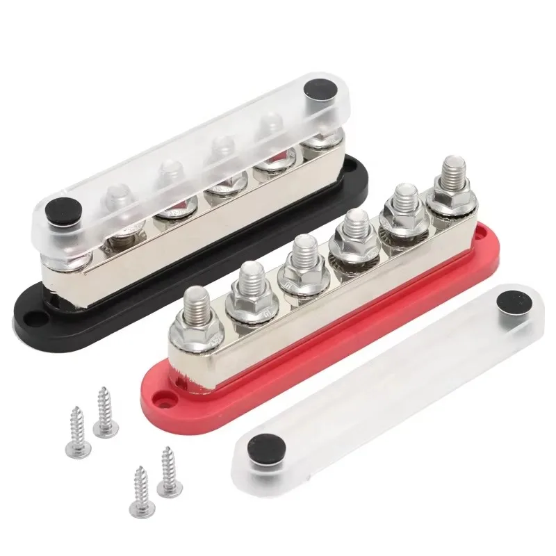 Barre omnibus 6 bornes 48V CC 600A, bloc de bornes M10 avec couvercle, en cuivre pur nickelé pour distribution d'alimentation 300V CC