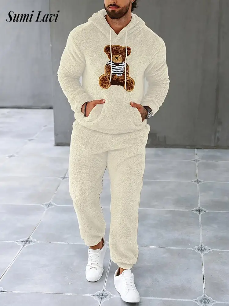 

Trendy Mens Fleece Cozy Furry Two Piece Sets Autumn Winter Outdoor Casual Bear Embroidery Outfits Men Vintage Hoodies Tracksuits