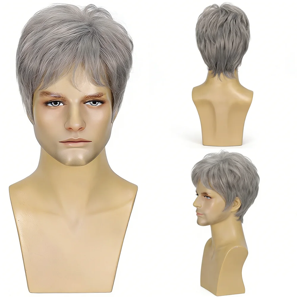 Natural Ash Gray Short Wig For Men Soft Fluffy Layered Synthetic Hair Breathable Glueless Full Head Wig For Daily Cosplay Party