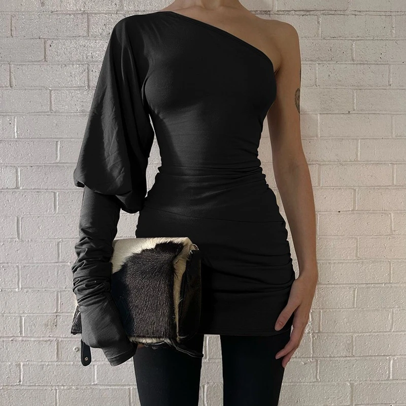Women Sexy One Shoulder Lantern Sleeve Ruched Bodycon Mini Dress