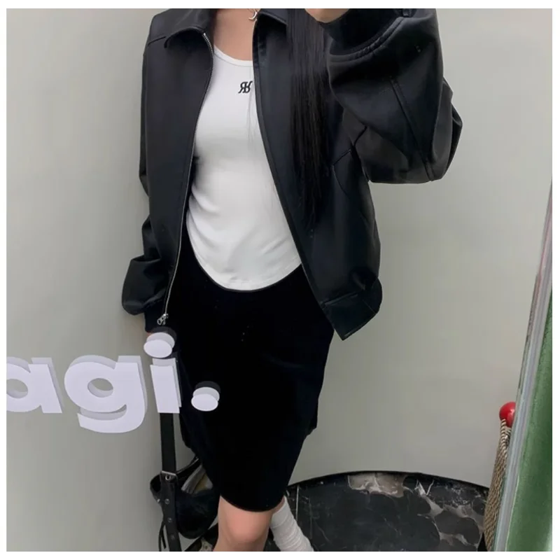 Giacca in pelle da donna nuova top da motociclista retrò corto con cerniera allentata di alta qualità