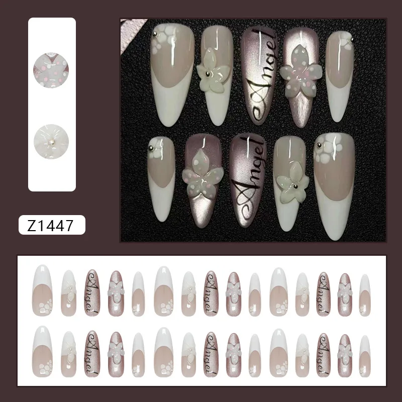 30pcs Almond Shape French Fake Nails Resin Flower Angel Letter Design Press On Nail Silver Mirror Full Cover Nail Tips For Women