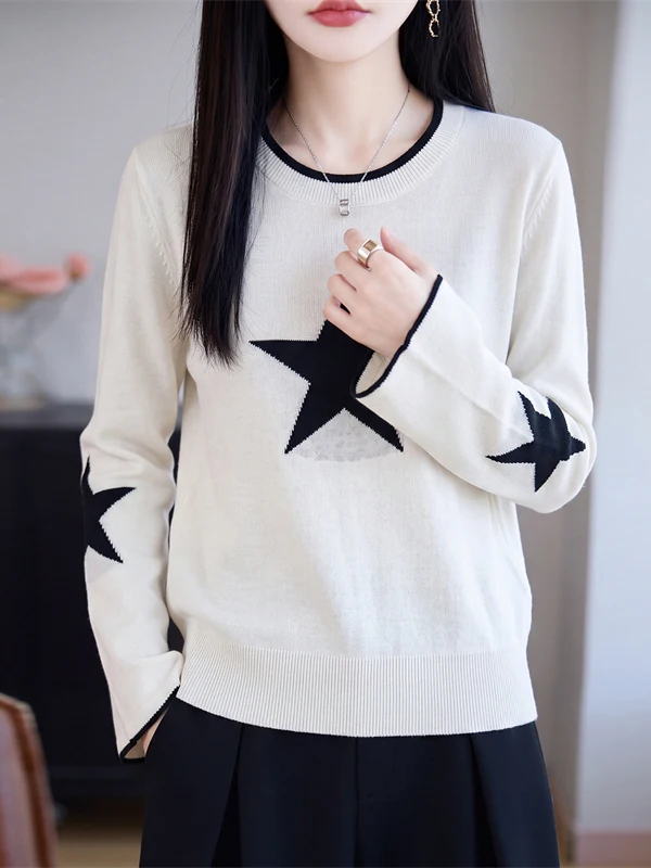 Korean Style Lazy White round Neck Sweater Women's Autumn Winter Casual Design Knitted Shirt Base Layer Top Match All