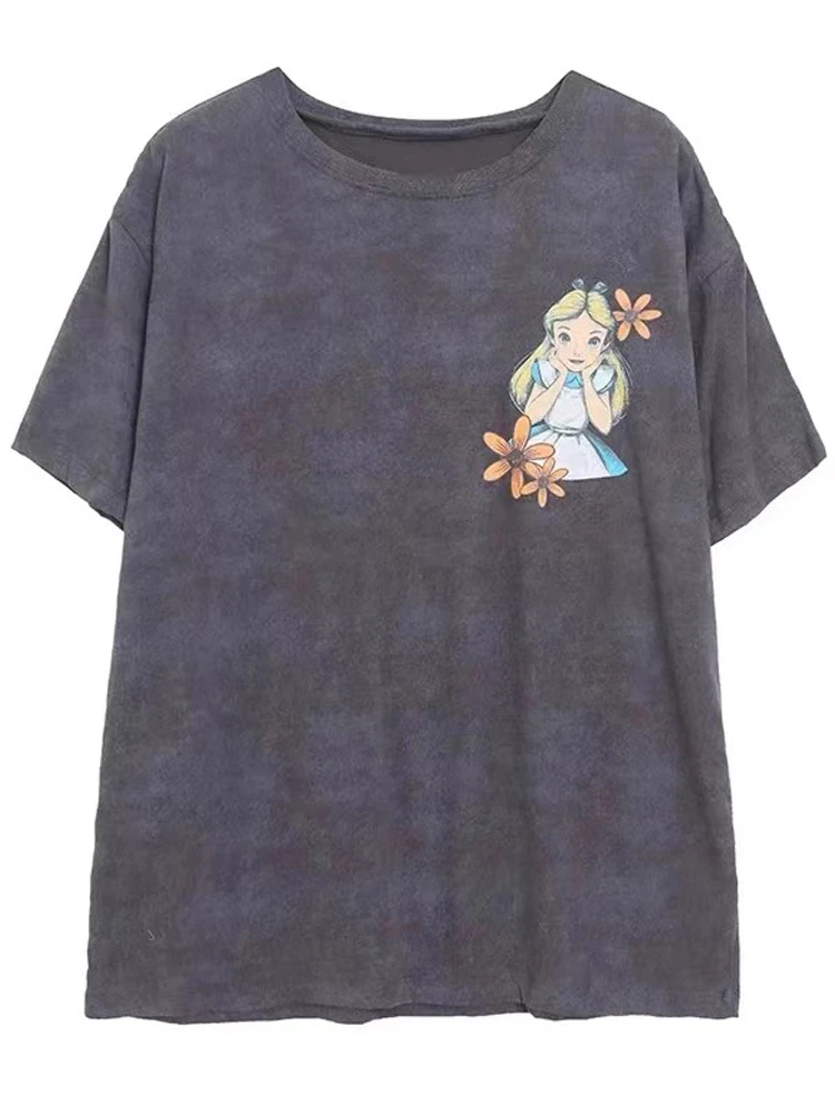 Disney Alice in Wonderland Cheshire Cat Cartoon Print T-Shirt Women Distress Washed Fabric O-Neck Pullover Short Sleeve Tee Tops