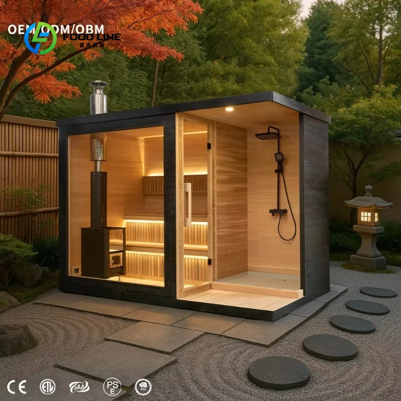 Customized Modern Design Indoor-Outdoor Wooden Dry Sauna Shower Combo Infrared Stove Beautiful Outdoor Sauna