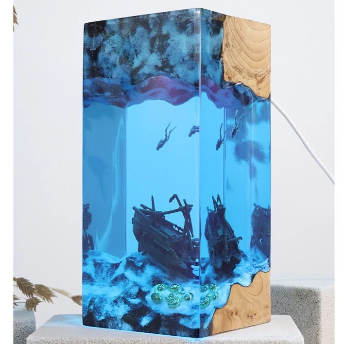 Underwater Cave Exploration Sunken Ship Art Sculptures Home Decorations Marine Art Solid Wood Resin Glowing Premium Gift