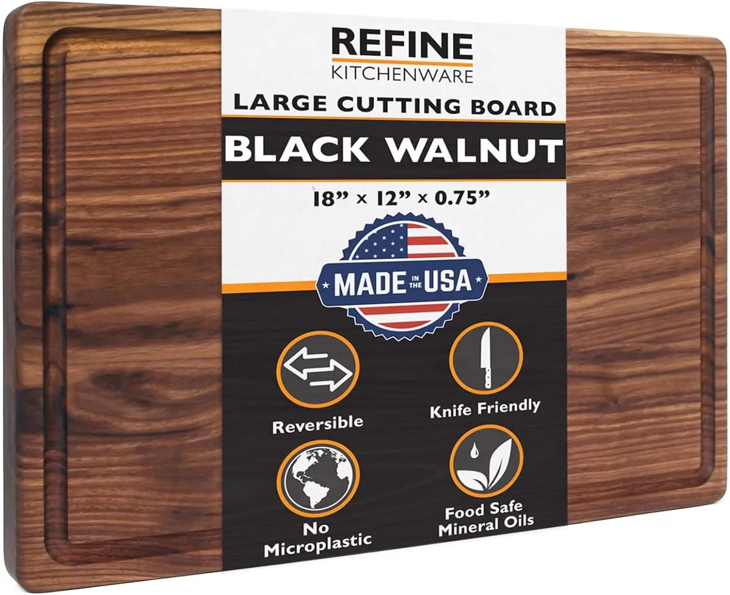 

Walnut Cutting Board 18x12" x 0.75" | USA from FSC-Certified Walnut | Reversible Butcher Block with Juice Groove | Fo