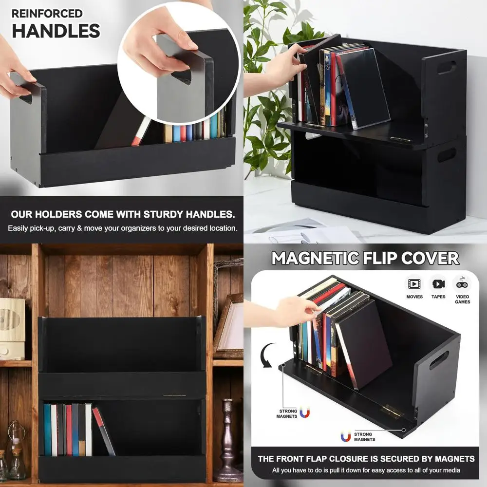 

2-Tier Wooden DVD Storage Box with Carrying Handle for CDs, Cassettes, and Movie Cases, Holds up to 26 Boxes (Black)