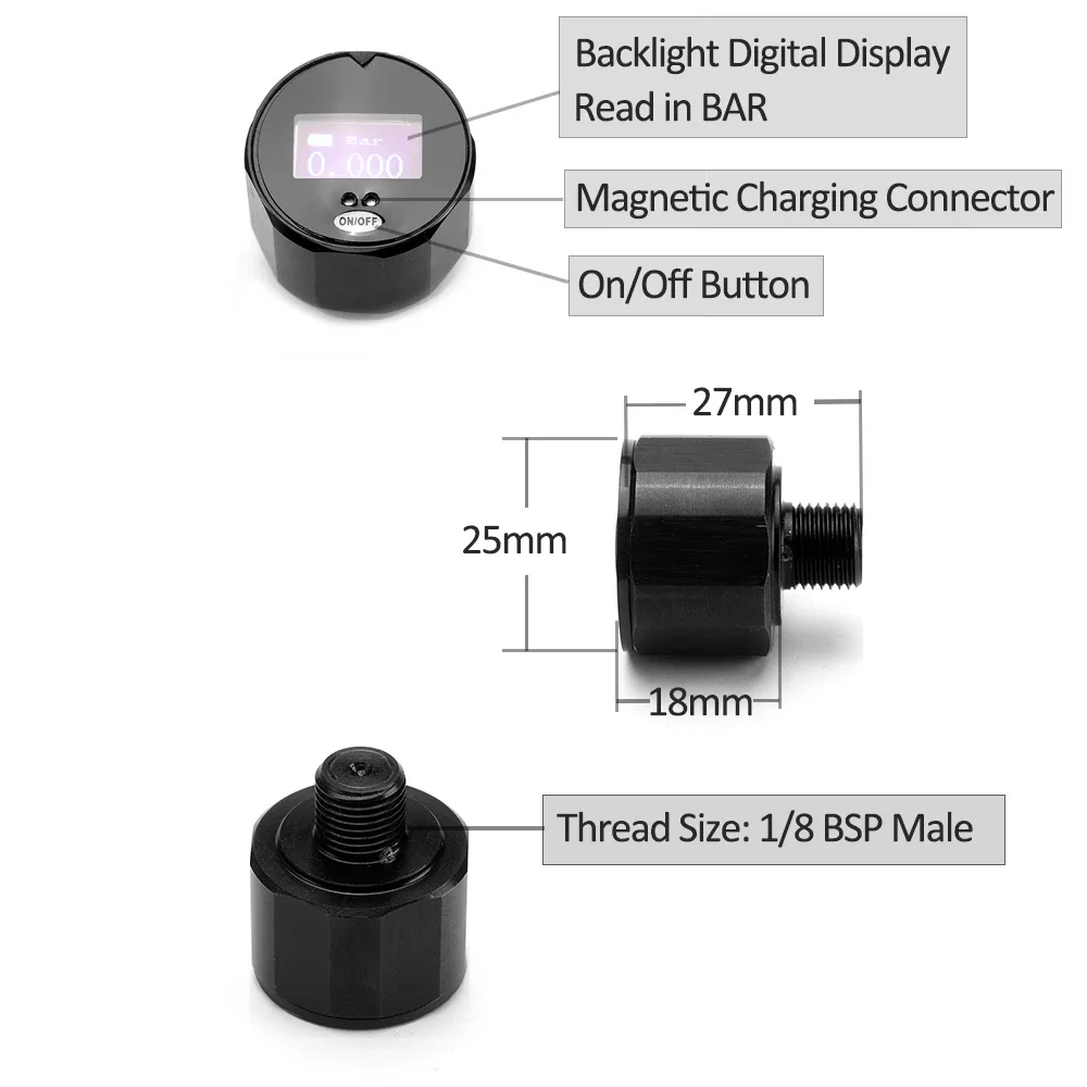 25mm 400Bar(6000Psi) High Precision Guage Digital Pressure Gauge Mini Manometer Backlight Display with USB Cablm