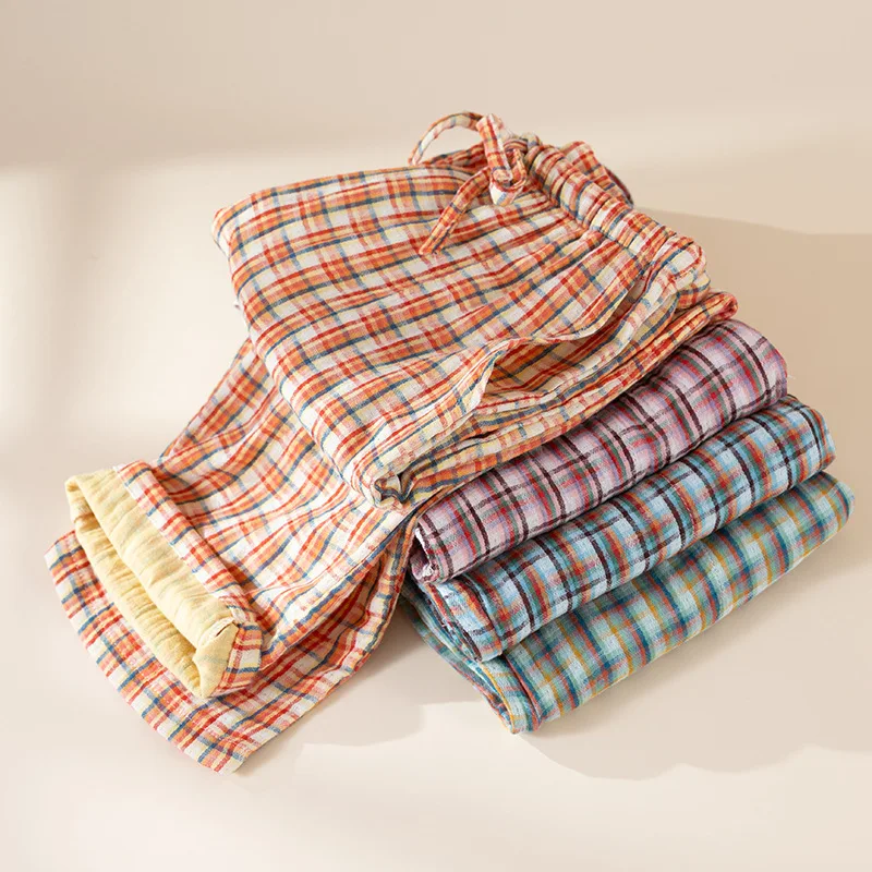 

Spring Autumn Women 100% Cotton Sleep Bottoms Female Night Trousers Ladies Casual Plaid Pajama Pants Plus Size Home Pants