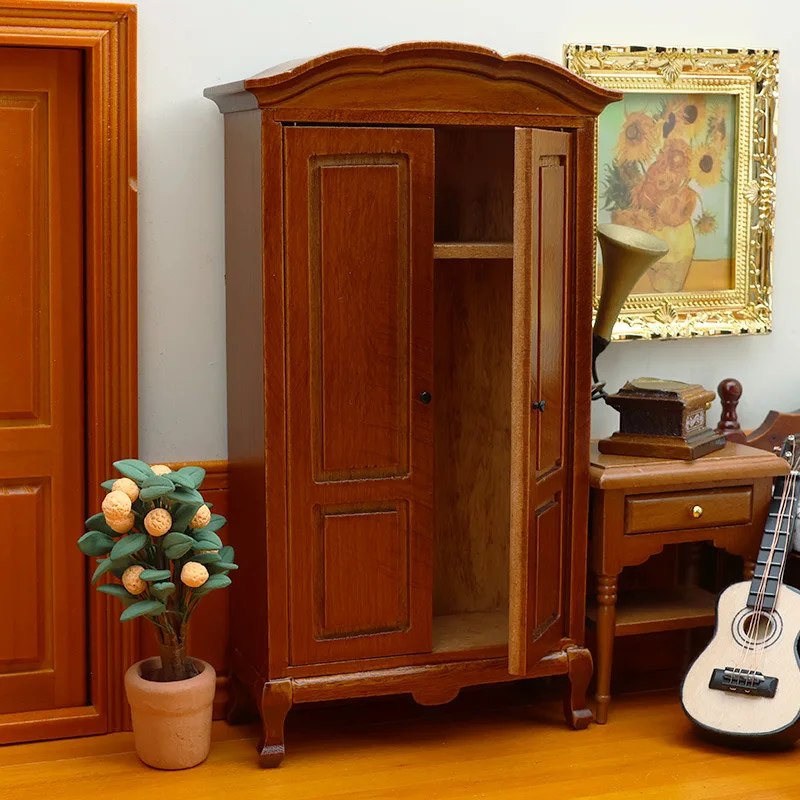 1:12 Miniature House Furniture Handmade Mini Cabinet European Retro Wardrobe Home Display Cabinets Storage Racks Decoration
