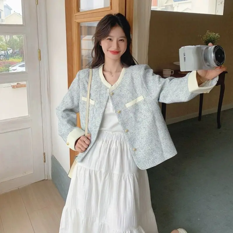 Design Vintage Tweed Jacket Women Short Jacket Spring Autumn Coat Sweet Trend Long-sleeved Top Single-breasted Office Lady Coat