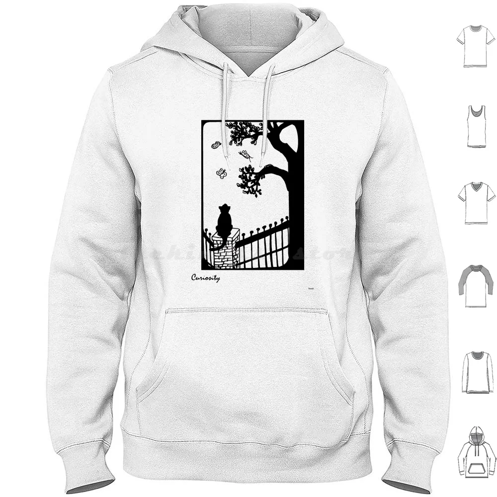 

Curiosity Hoodies Long Sleeve Cat Curiosity Black And White Minimal Fence Cute Tree Spring Nature Animals