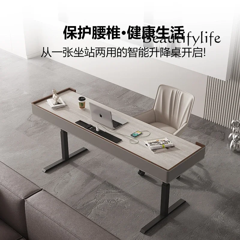 

N49 Smart electric lifting rock slab desk walnut computer desk solid wood with drawers bar table