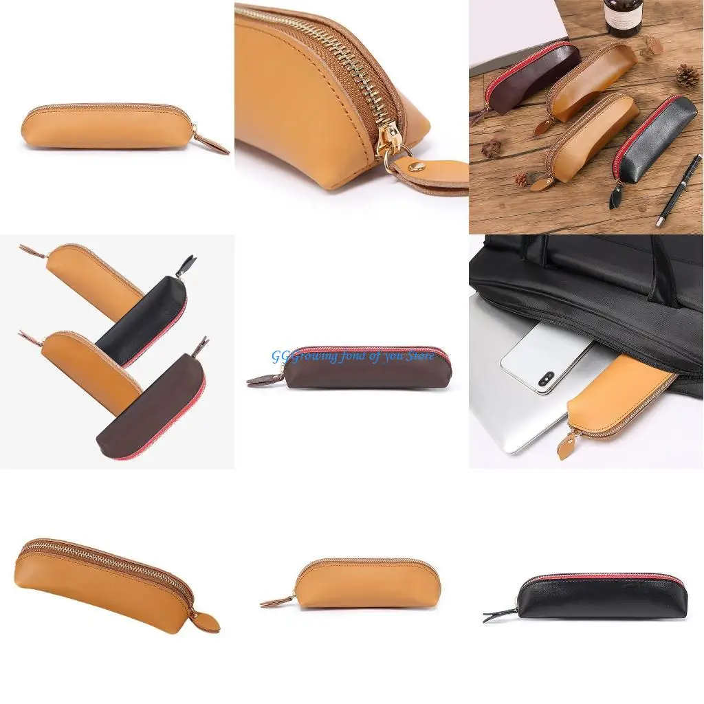 H9EB Leather Pen Case Zipper Stationery Bag Pencil Case Makeup Bag for School
