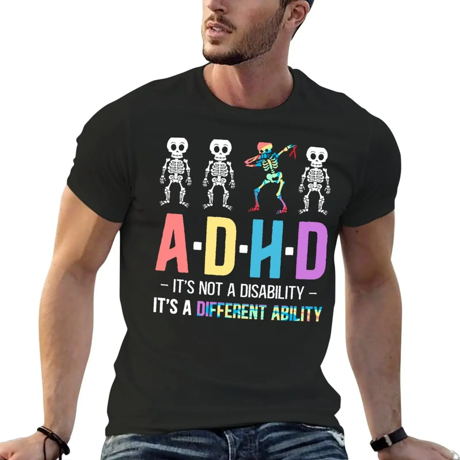 Funny T-Shirt graphic heavy weight t shirts for men ADHD It's Not Disability It's A Different Ability Skeleton Dab oversized tee