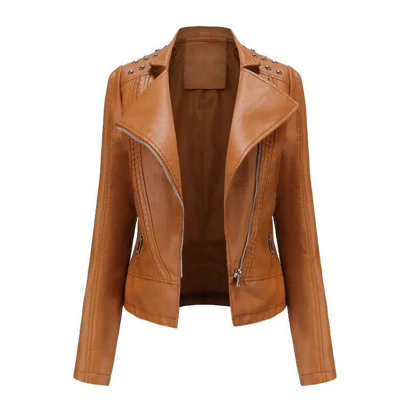 

Women's Punk Rivet Leather Jacket Spring Autumn Retro Turndown Collar Slim Casual Ladies Faux Soft Leather Moto Biker Outerwear