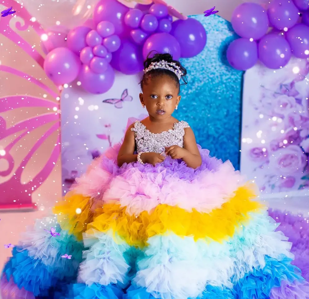 Abito da ragazza di fiori di lusso per matrimonio O collo in rilievo per bambini abito da principessa abiti da festa di spettacolo abiti da compleanno