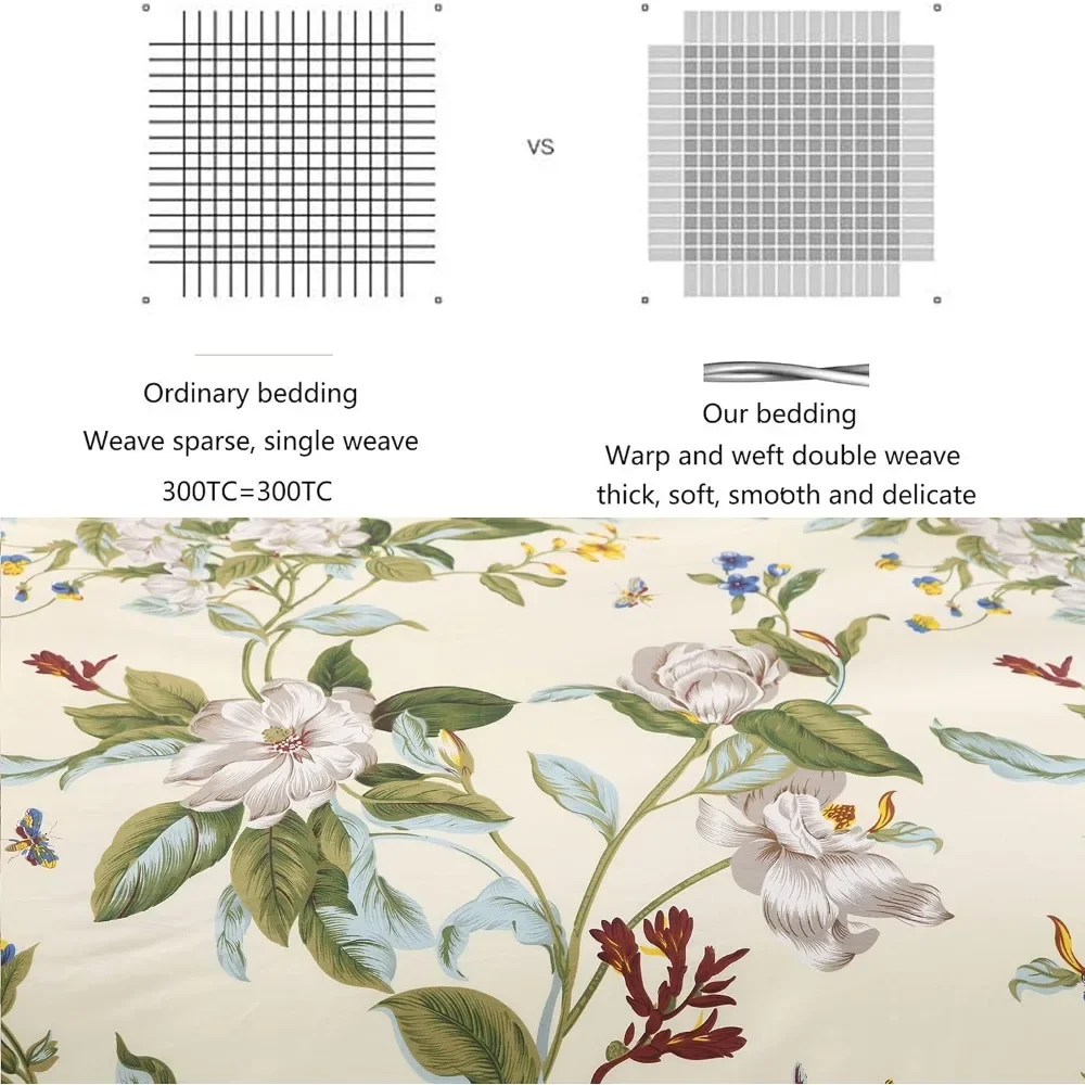 Cotton Striped Floral Duvet Cover Set in Green and Beige with Shabby Chic Flower Branches for Summer Reversible Bedding 600 Thre