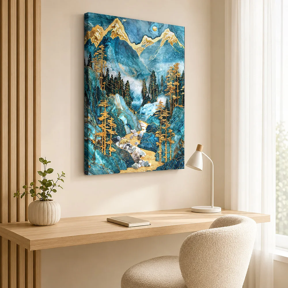 Golden Mountain Stream Art Framed Canvas Poster Custom Photo Travel Landscape Wall Art for Bedroom Hallway Decor Ready to Hang