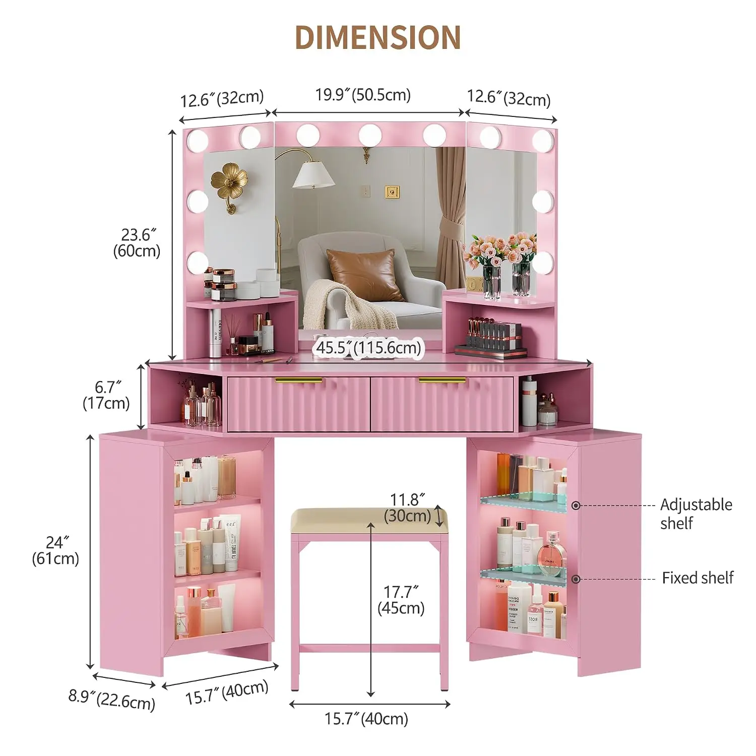 Corner Vanity with LED Tri-Fold Mirror & Charging Station, Storage Drawers, Matching Chair, Pink, Customized