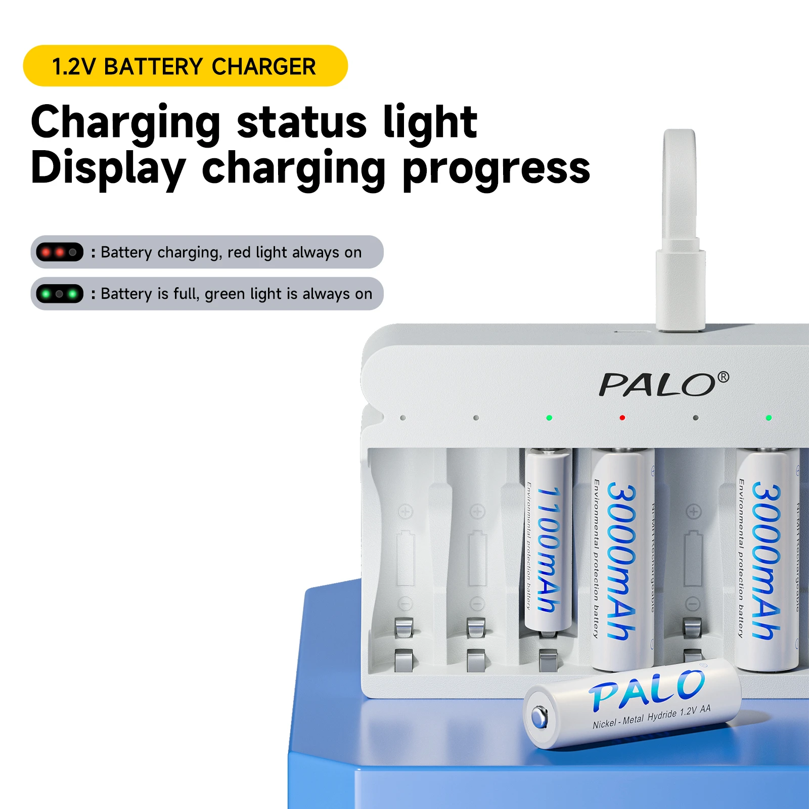 PALO AAA Rechargeable Battery 1.2V Ni-MH 3A Batteries for Camera Toy Car with 8-slots Smart Mix-Charge AA/AAA Battery Charger