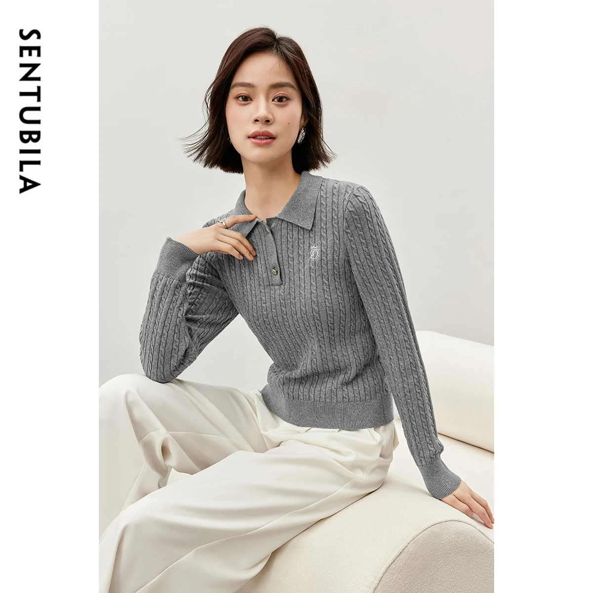 Sweter damski SENTUBILA, dzianina w warkocz, 100% bawełna, pulower, zimowy, haftowany, dzianinowy, długi rękaw, model W43E57175