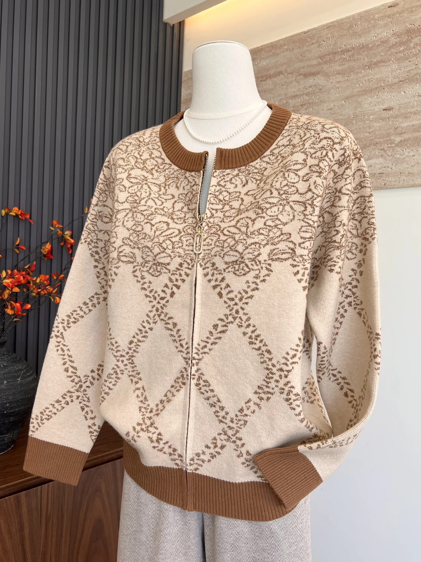 

Faionable Knitted Sweater Top Zipper round Ne Midlife Women's Vintage Sle Commute Jaet Breathable Lightweight Outerwear